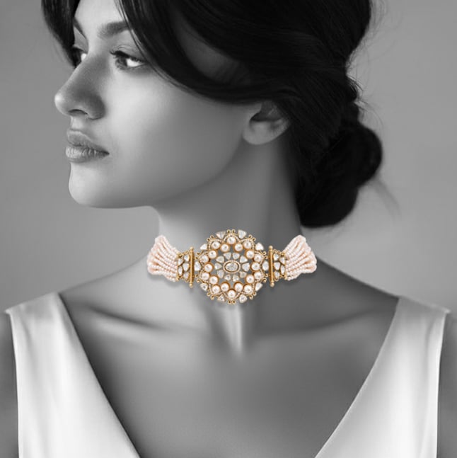 Filigree Pearl Choker with Polki and Full-Cut Diamond