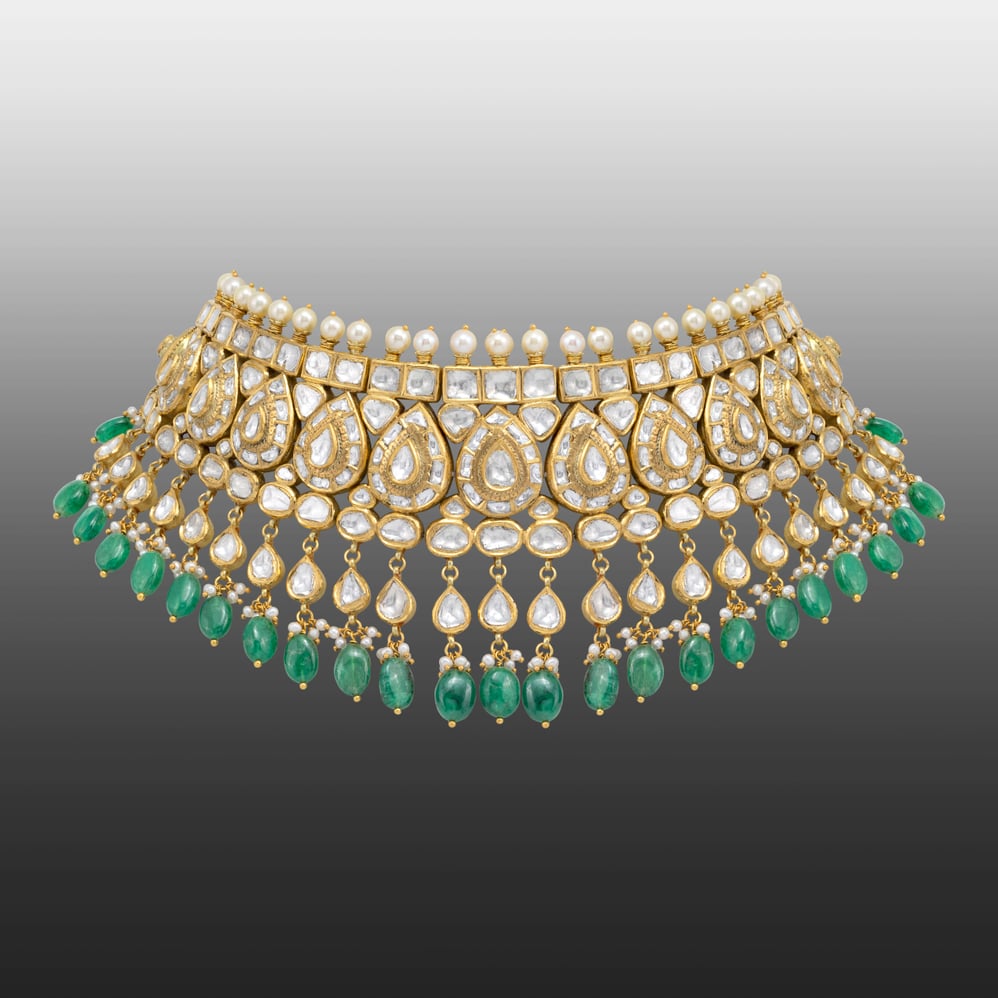 Bridal Pear Polki Choker with Emerald Maniya and Pearl Fungar