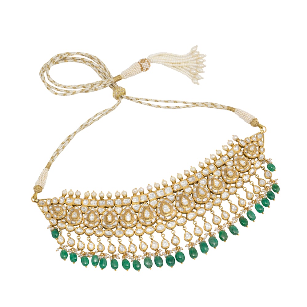Bridal Pear Polki Choker with Emerald Maniya and Pearl Fungar
