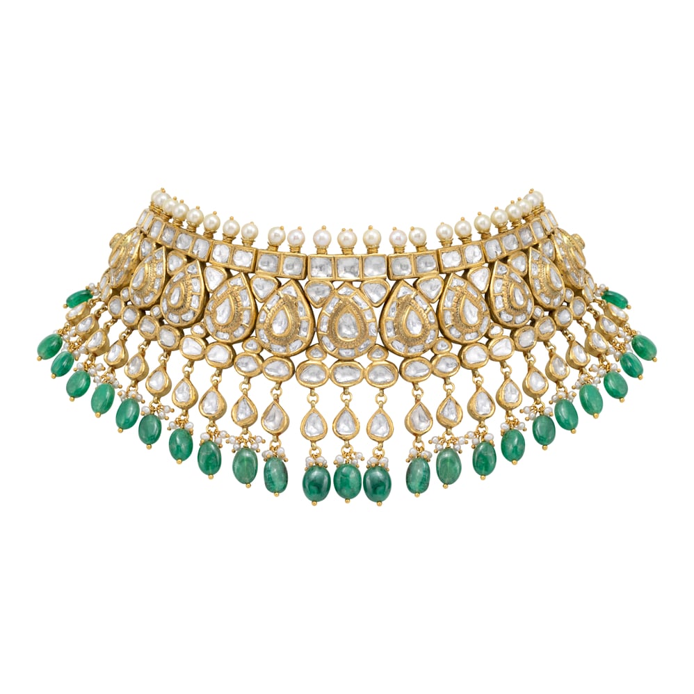 Bridal Pear Polki Choker with Emerald Maniya and Pearl Fungar
