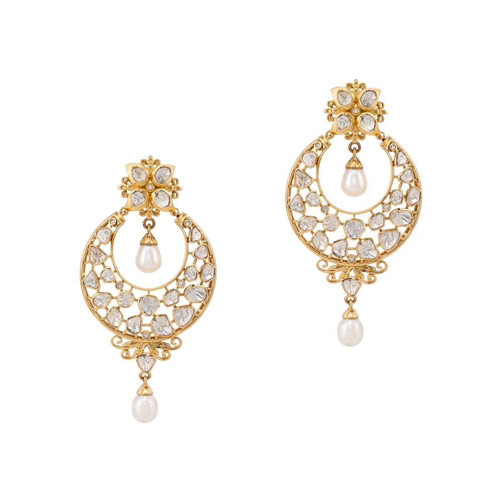 Filigree Polki Chandbali Earrings with Pearl Drops