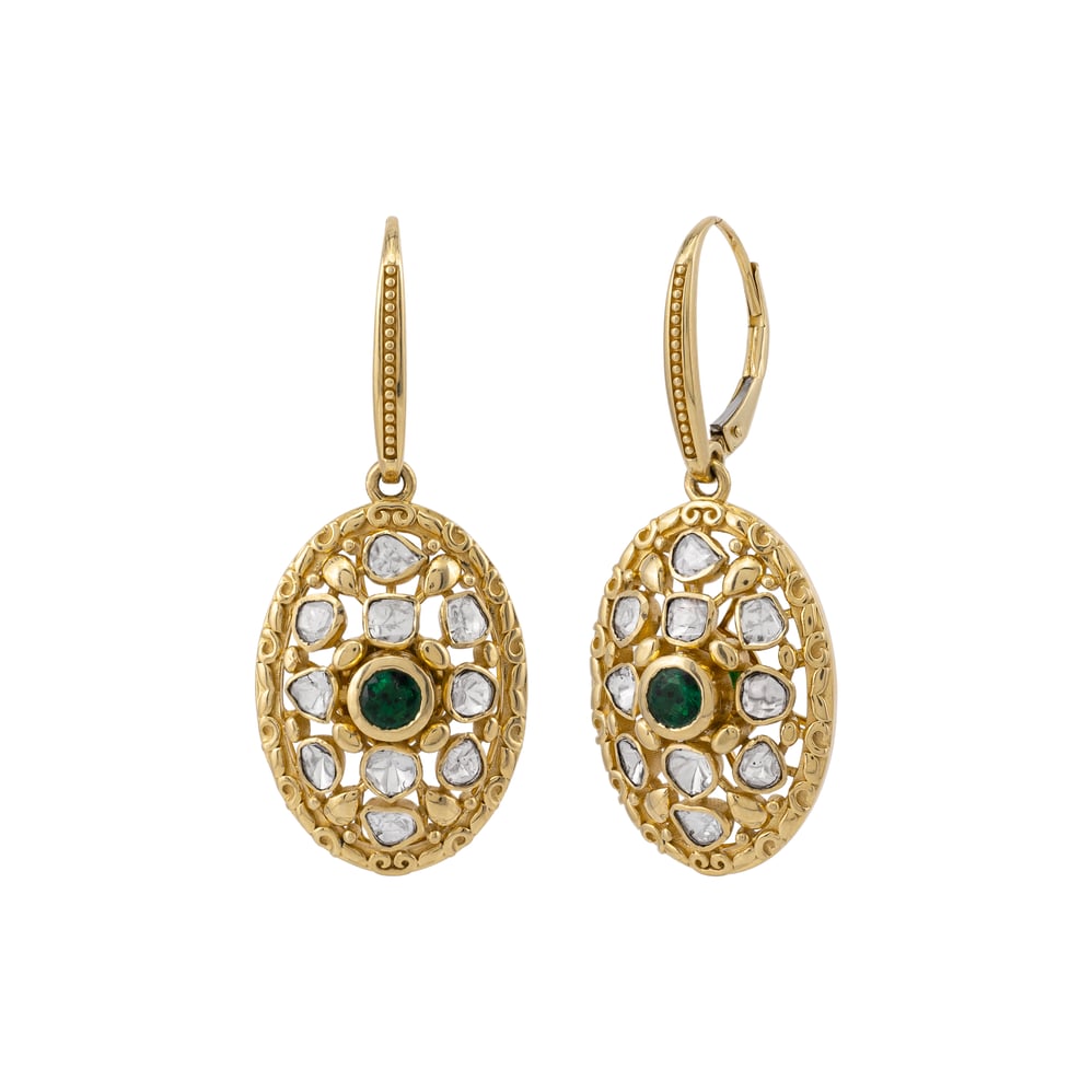 Mini Hoop Polki Oval Earrings with Central Emerald