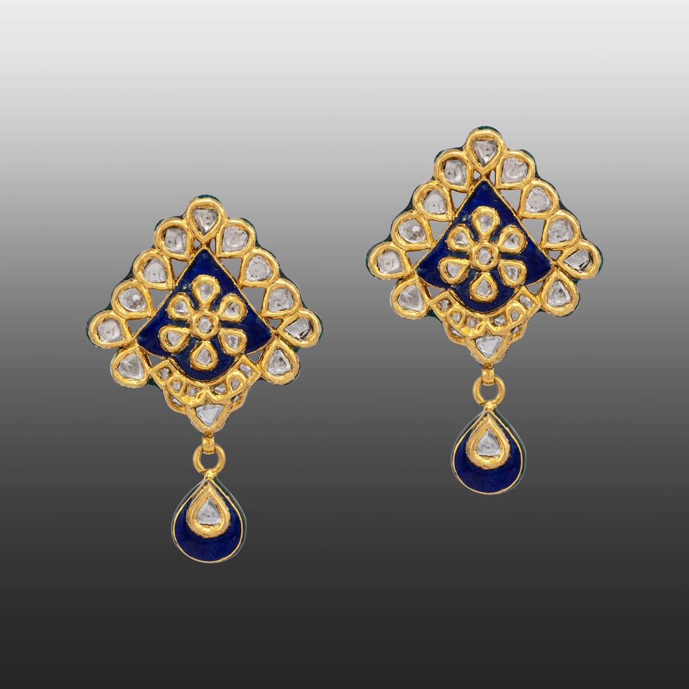 Blue Enamel Polki Drop Earring with Floral Jadau