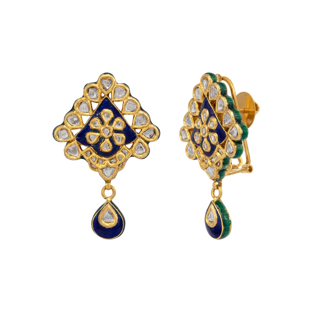 Blue Enamel Polki Drop Earring with Floral Jadau