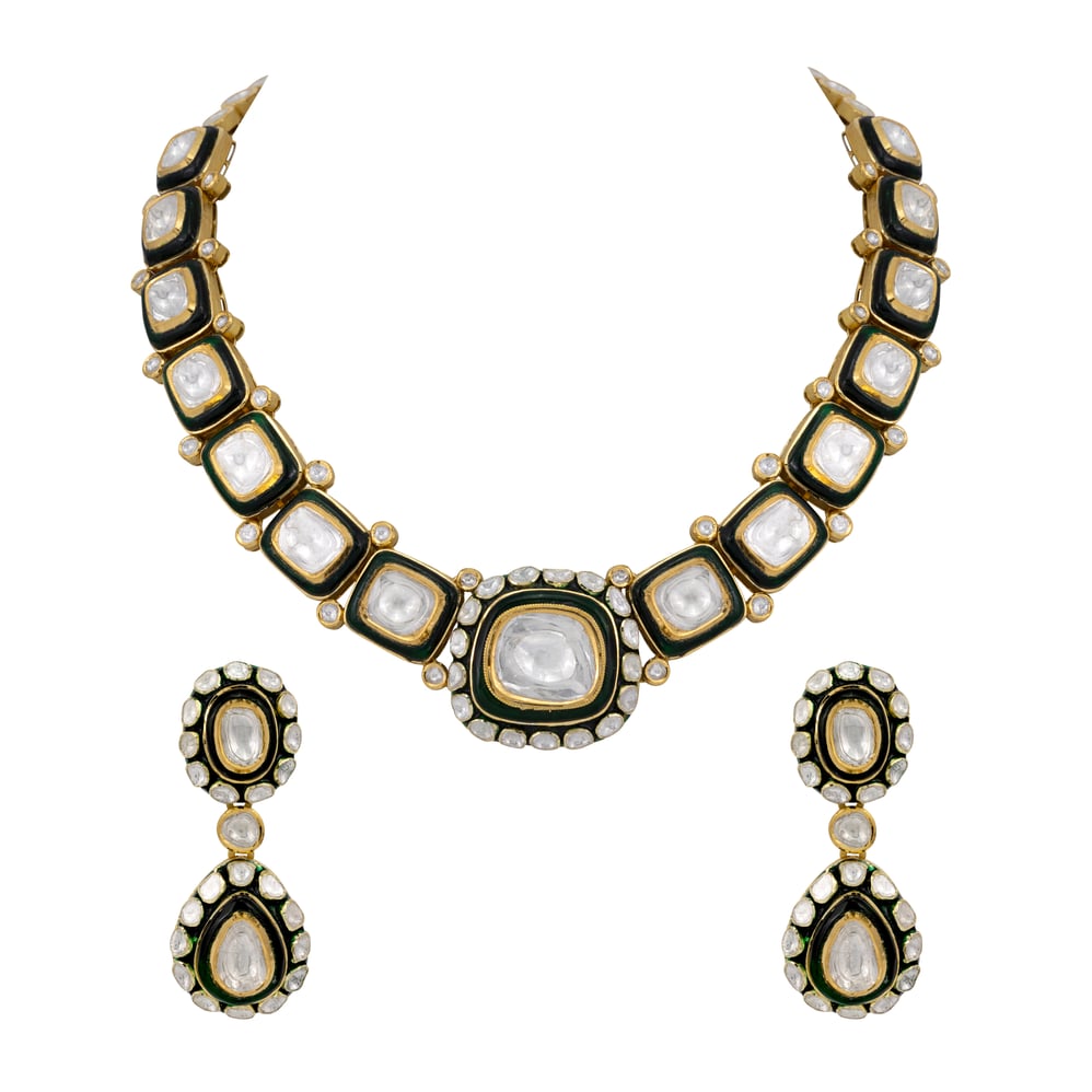 Uncut Polki Necklace with Green Enamel Chuddi Work