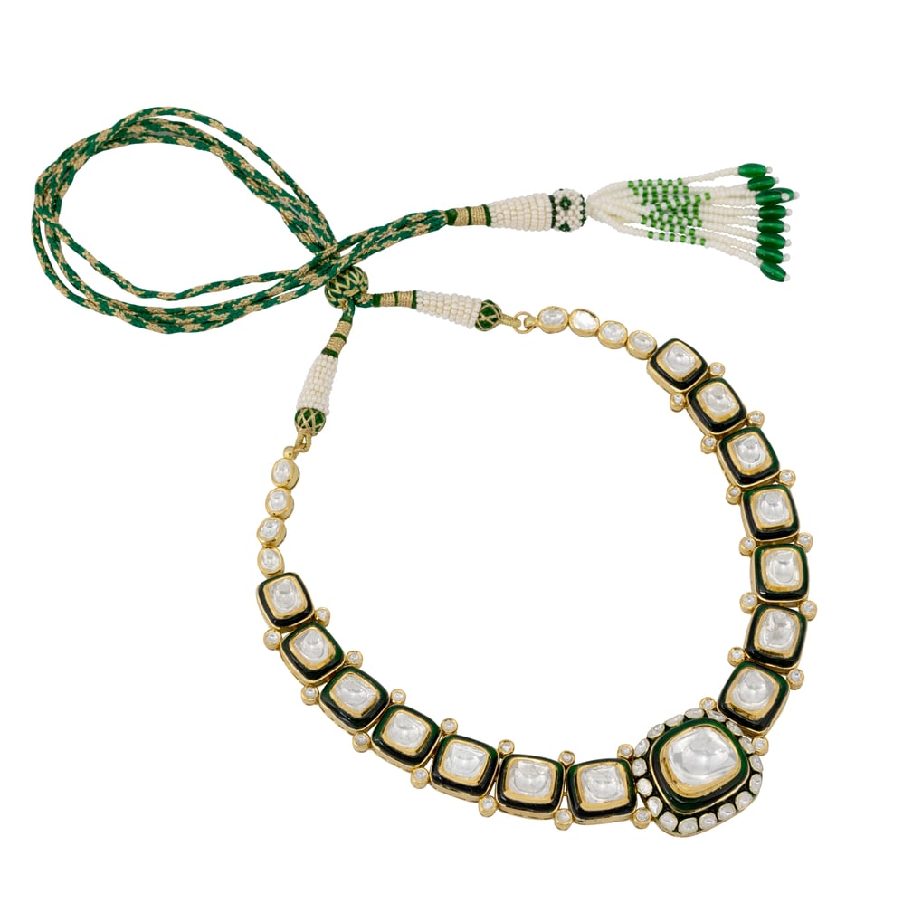 Uncut Polki Necklace with Green Enamel Chuddi Work