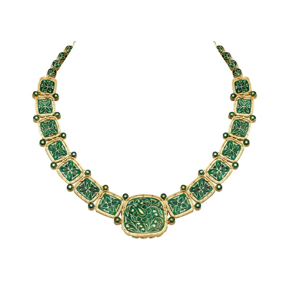 Uncut Polki Necklace with Green Enamel Chuddi Work