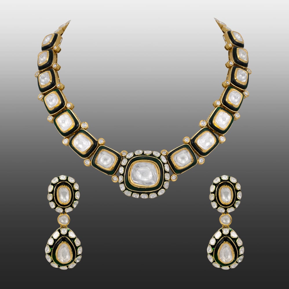 Uncut Polki Necklace with Green Enamel Chuddi Work
