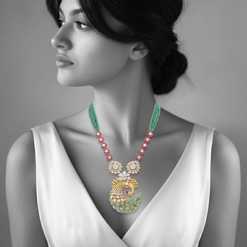 Ruby and Emerald Peacock Pendant Necklace