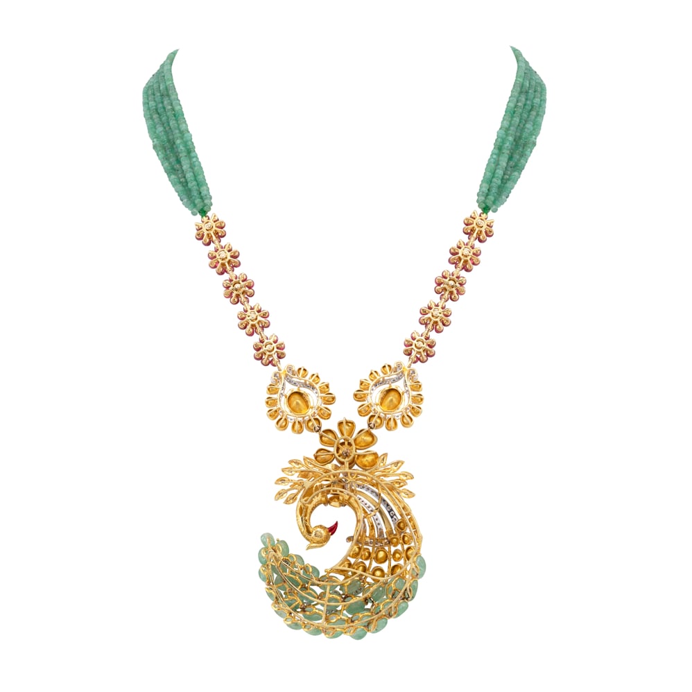 Ruby and Emerald Peacock Pendant Necklace