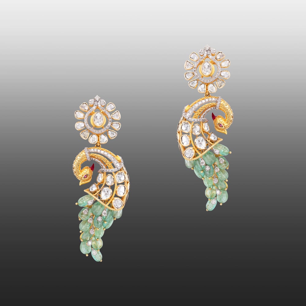 Emerald Feather Polki Peacock Drop Earrings
