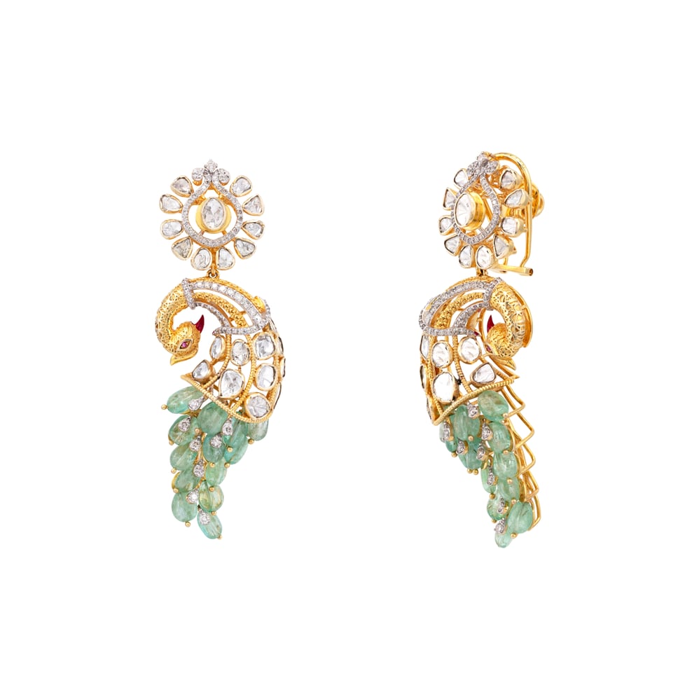 Emerald Feather Polki Peacock Drop Earrings