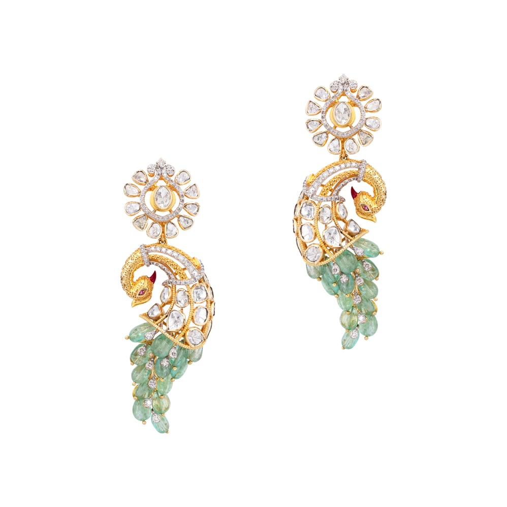 Emerald Feather Polki Peacock Drop Earrings