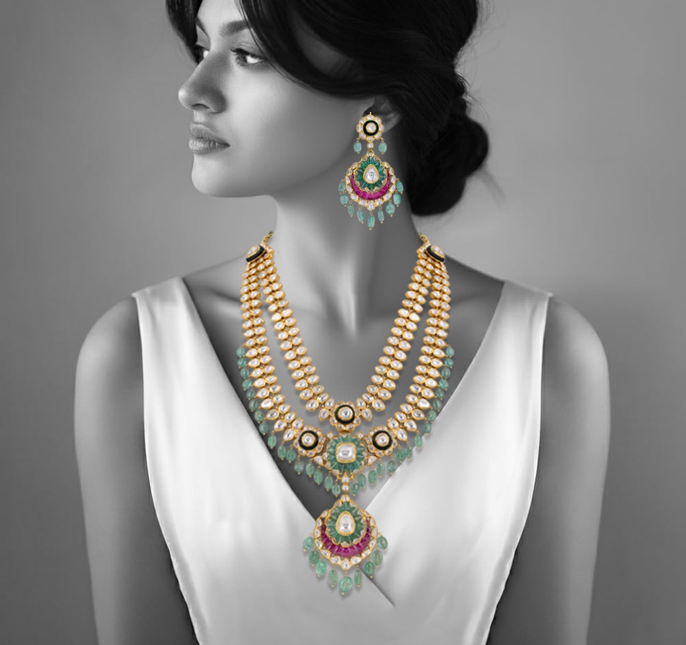 Two-Layer Polki Bridal Set with Ruby Talaf & Emerald Drops