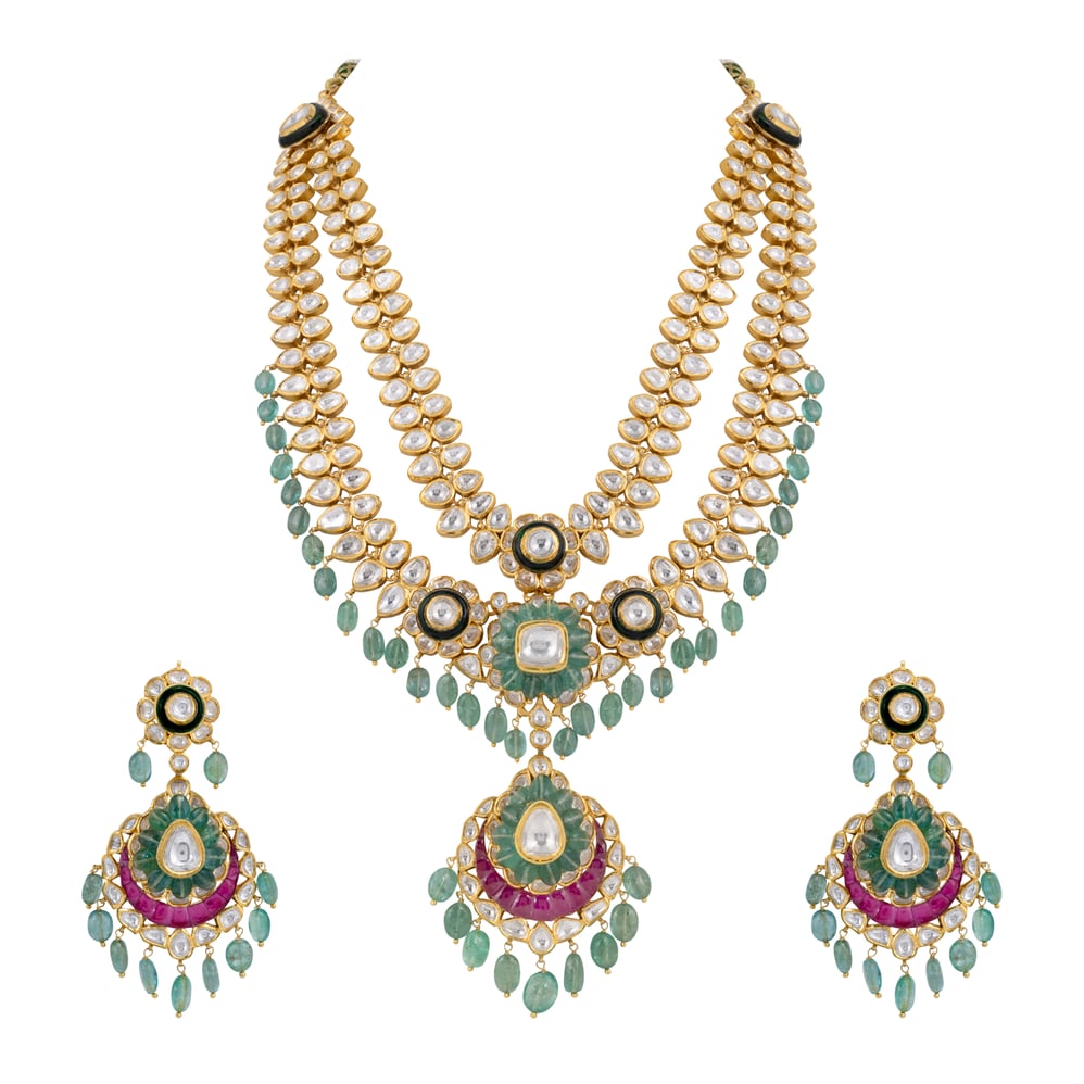 Two-Layer Polki Bridal Set with Ruby Talaf & Emerald Drops