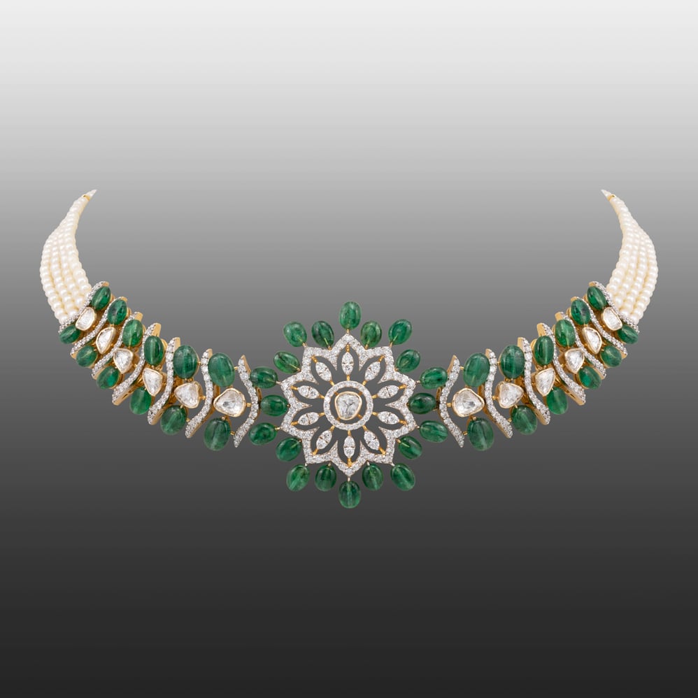 Floral Diamond Choker with Emerald Beads and Pearl Strands