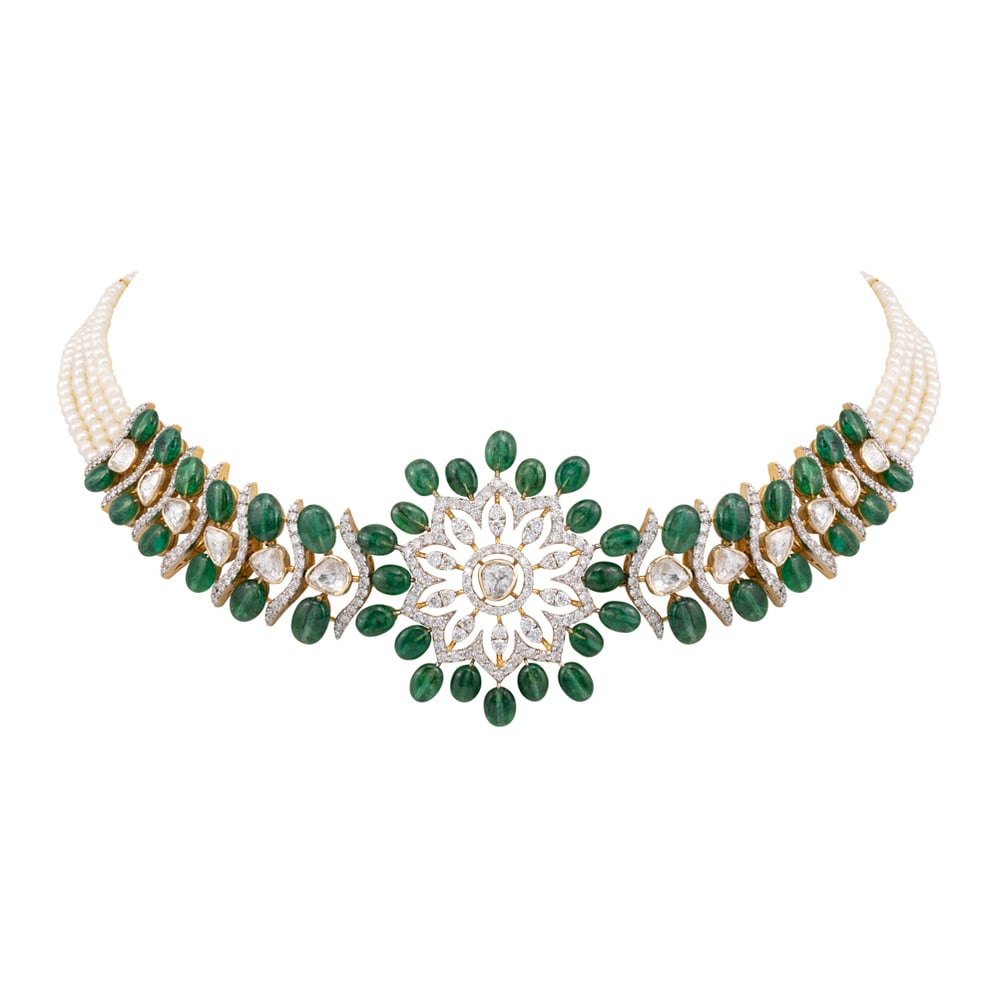 Floral Diamond Choker with Emerald Beads and Pearl Strands