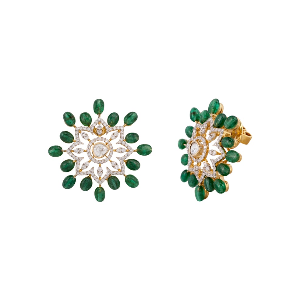 Floral Diamond Studs with Emerald Bead Accents
