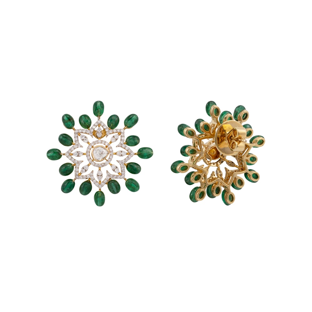 Floral Diamond Studs with Emerald Bead Accents