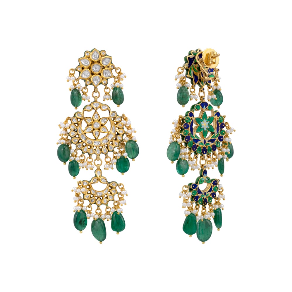 Double-Tier Chandbali Earrings with Emerald and Pearl Drops