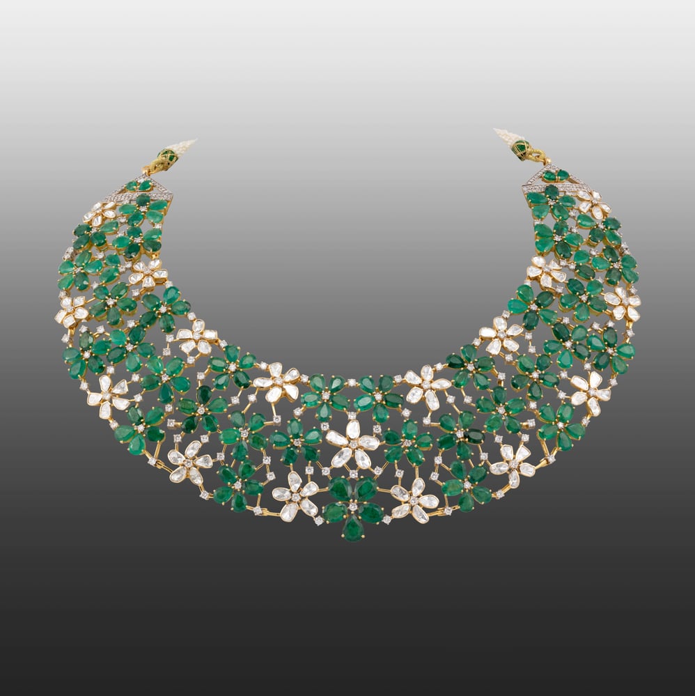 Floral Web Necklace with Emeralds and Polki Detailing