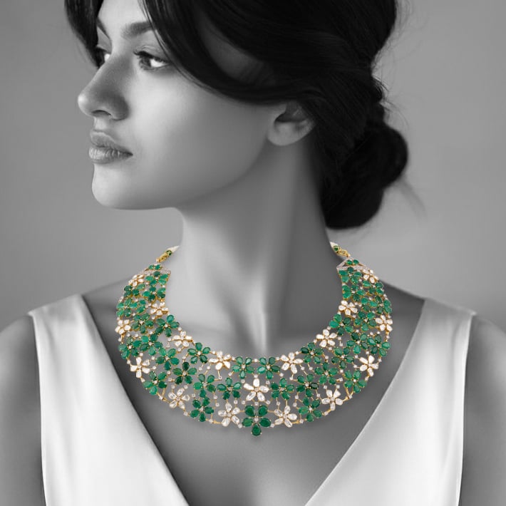 Floral Web Necklace with Emeralds and Polki Detailing