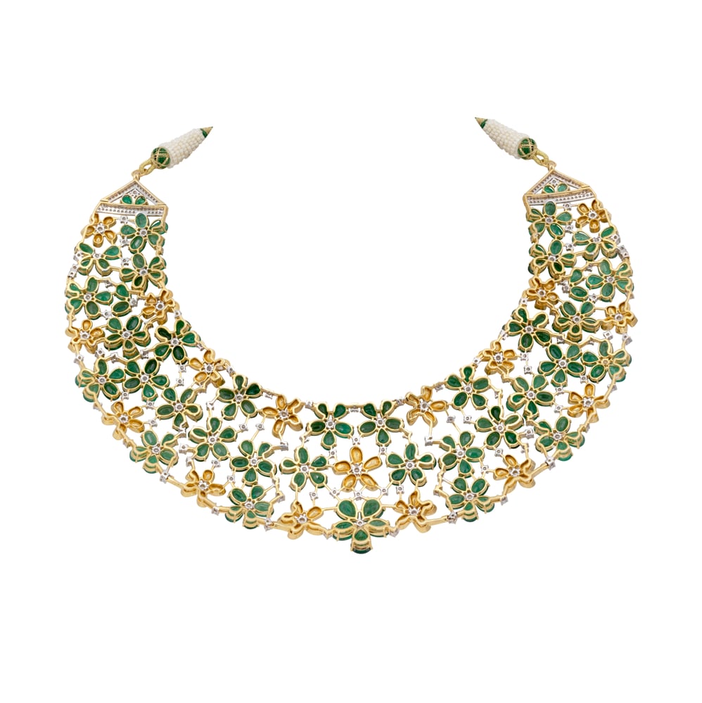 Floral Web Necklace with Emeralds and Polki Detailing