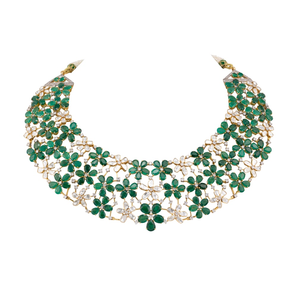 Floral Web Necklace with Emeralds and Polki Detailing