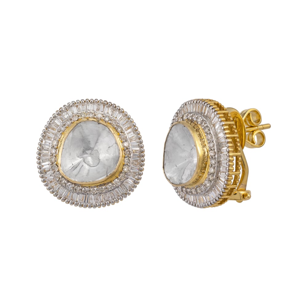 Polki Stud Earrings with Baguette and Full-Cut Diamond Halo