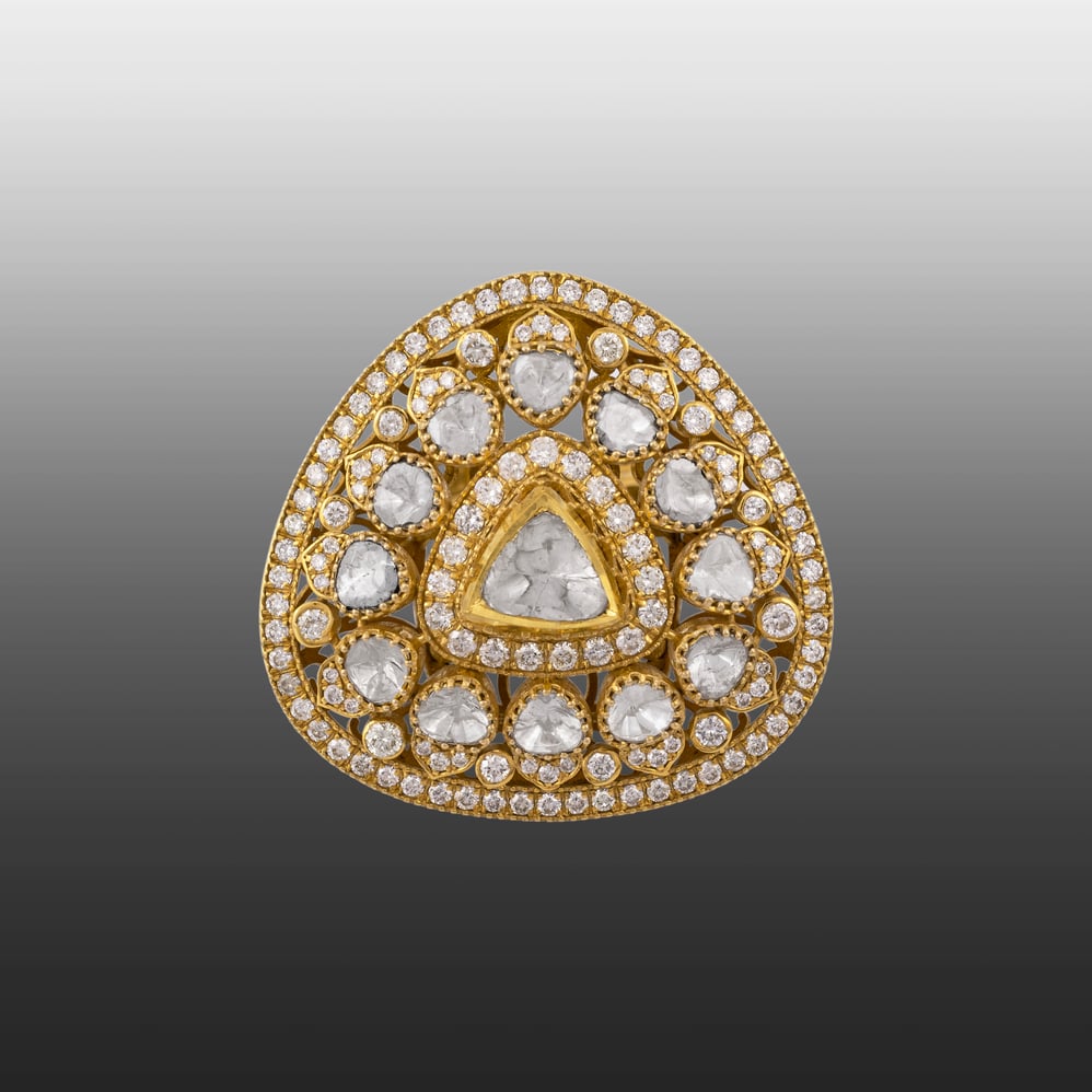 Triangular Jadau Ring in Ivory Gold Finish