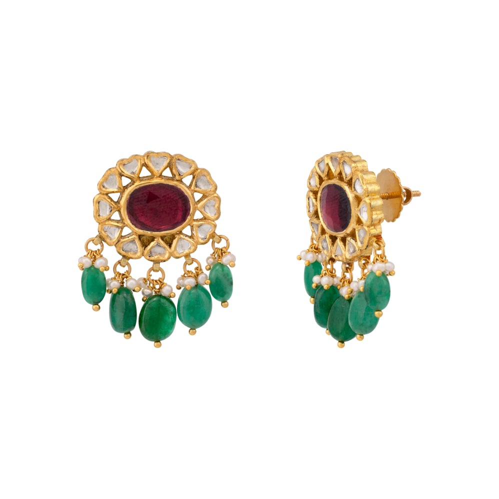 Floral Polki Earring with Ruby Centre and Emerald Drops