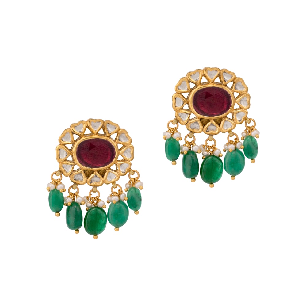 Floral Polki Earring with Ruby Centre and Emerald Drops