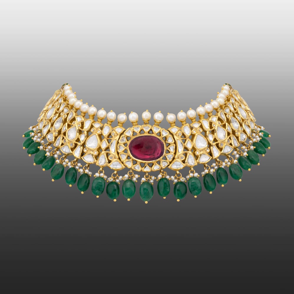 Polki Choker with Central Floral Ruby and Emerald Bead Fringe