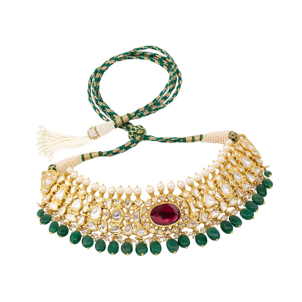 Polki Choker with Central Floral Ruby and Emerald Bead Fringe