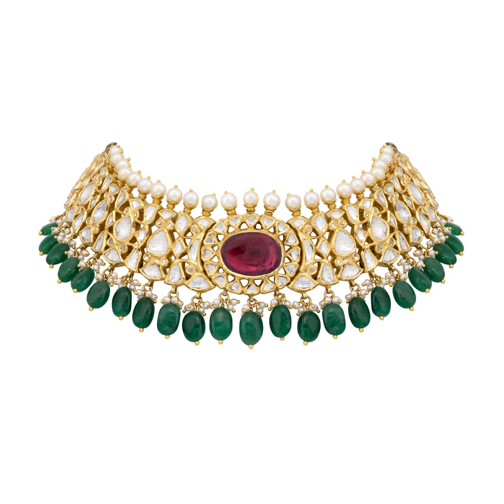 Polki Choker with Central Floral Ruby and Emerald Bead Fringe