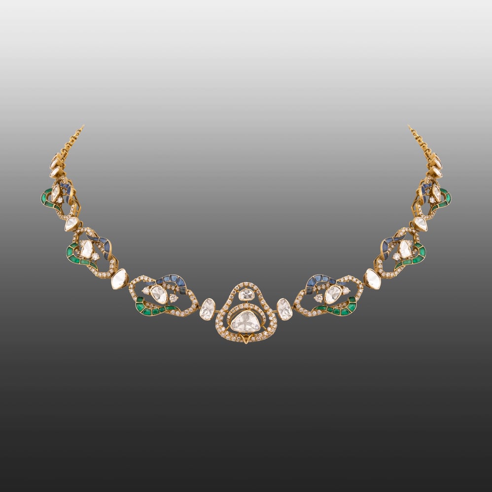 Polki Necklace with Blue-Green Talaf and Linked Motifs