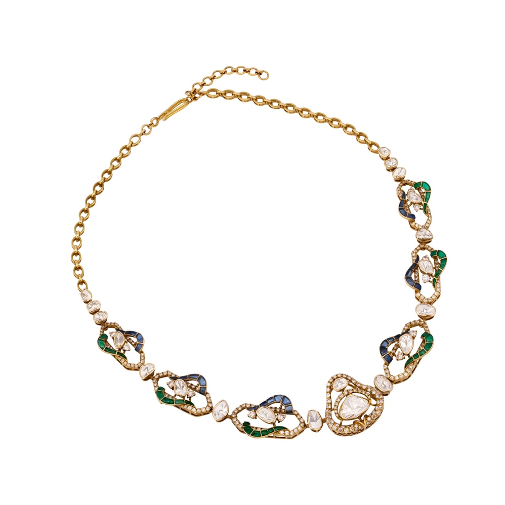 Polki Necklace with Blue-Green Talaf and Linked Motifs
