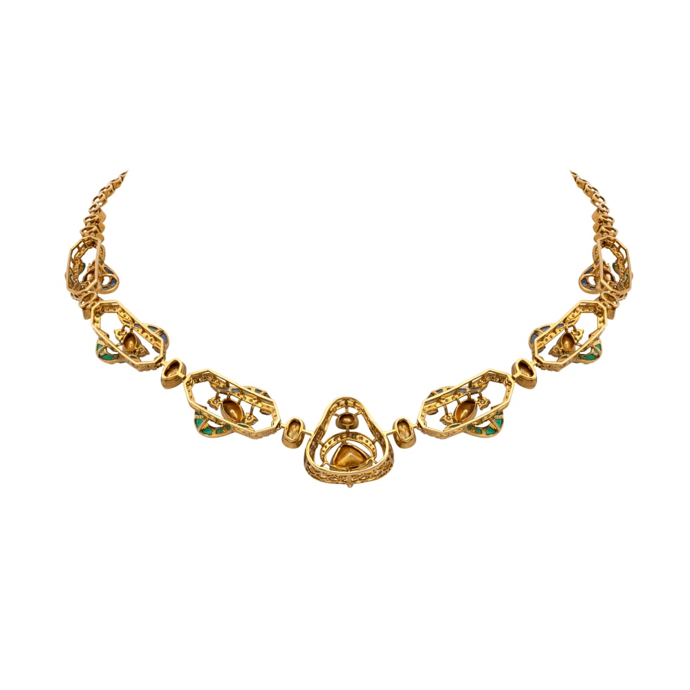 Polki Necklace with Blue-Green Talaf and Linked Motifs