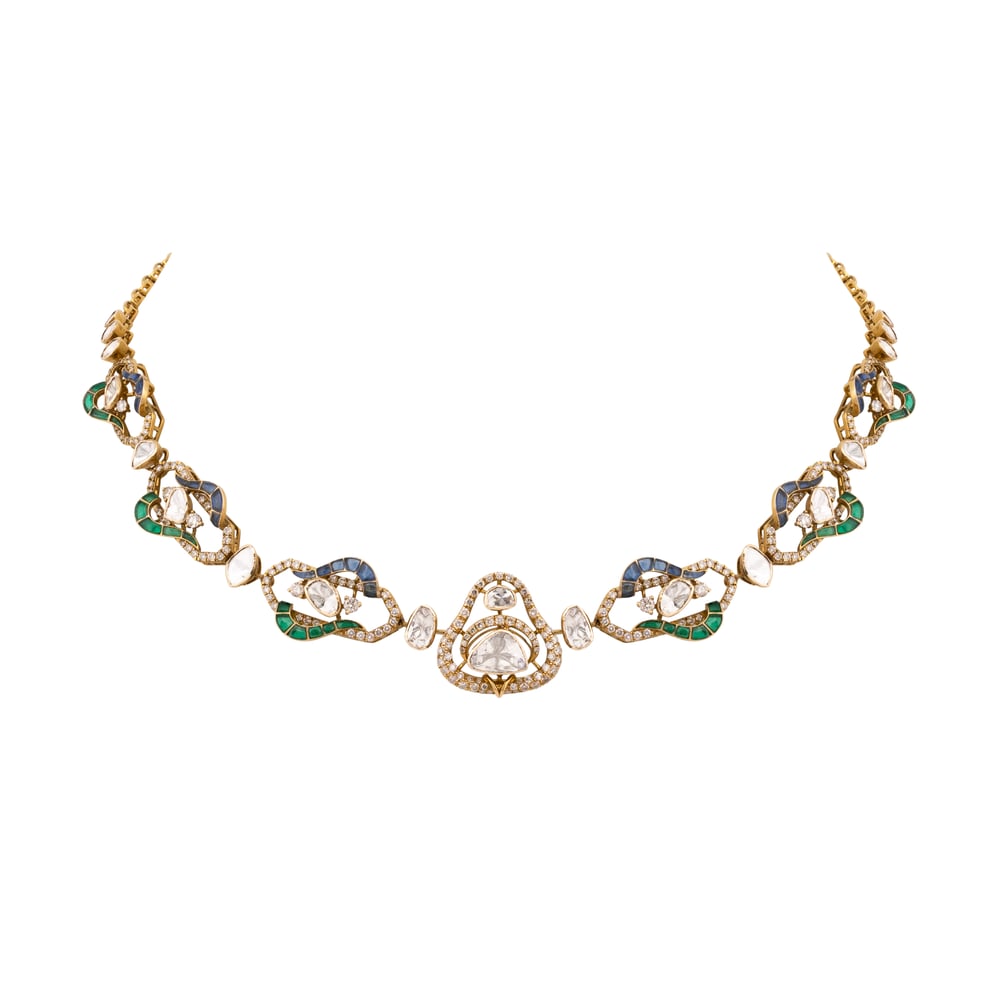 Polki Necklace with Blue-Green Talaf and Linked Motifs