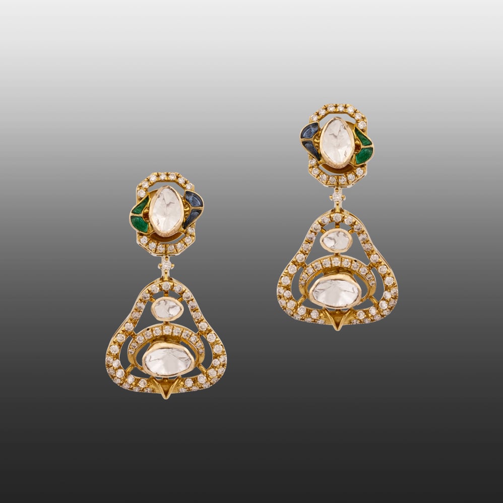 Polki Drop Earring with Blue-Green Talaf Detailing
