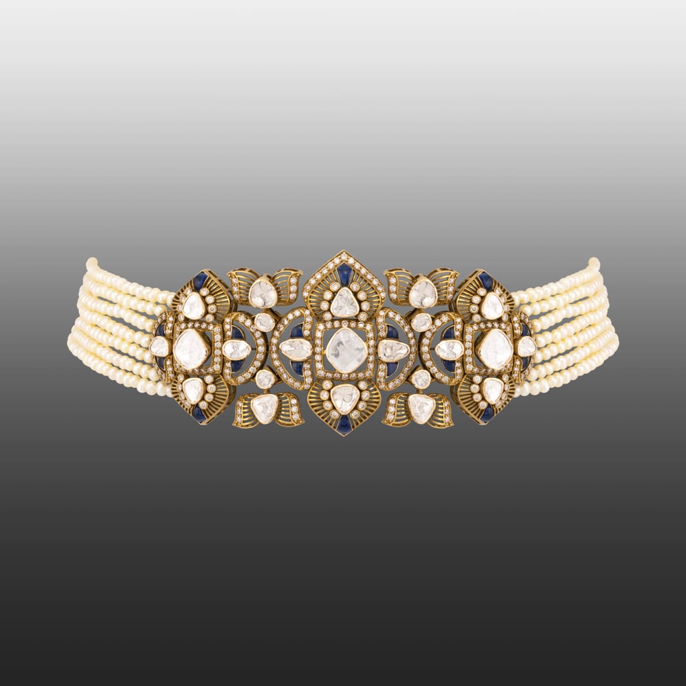 Antique Finish Choker with Blue Detail and Cheed Pearls