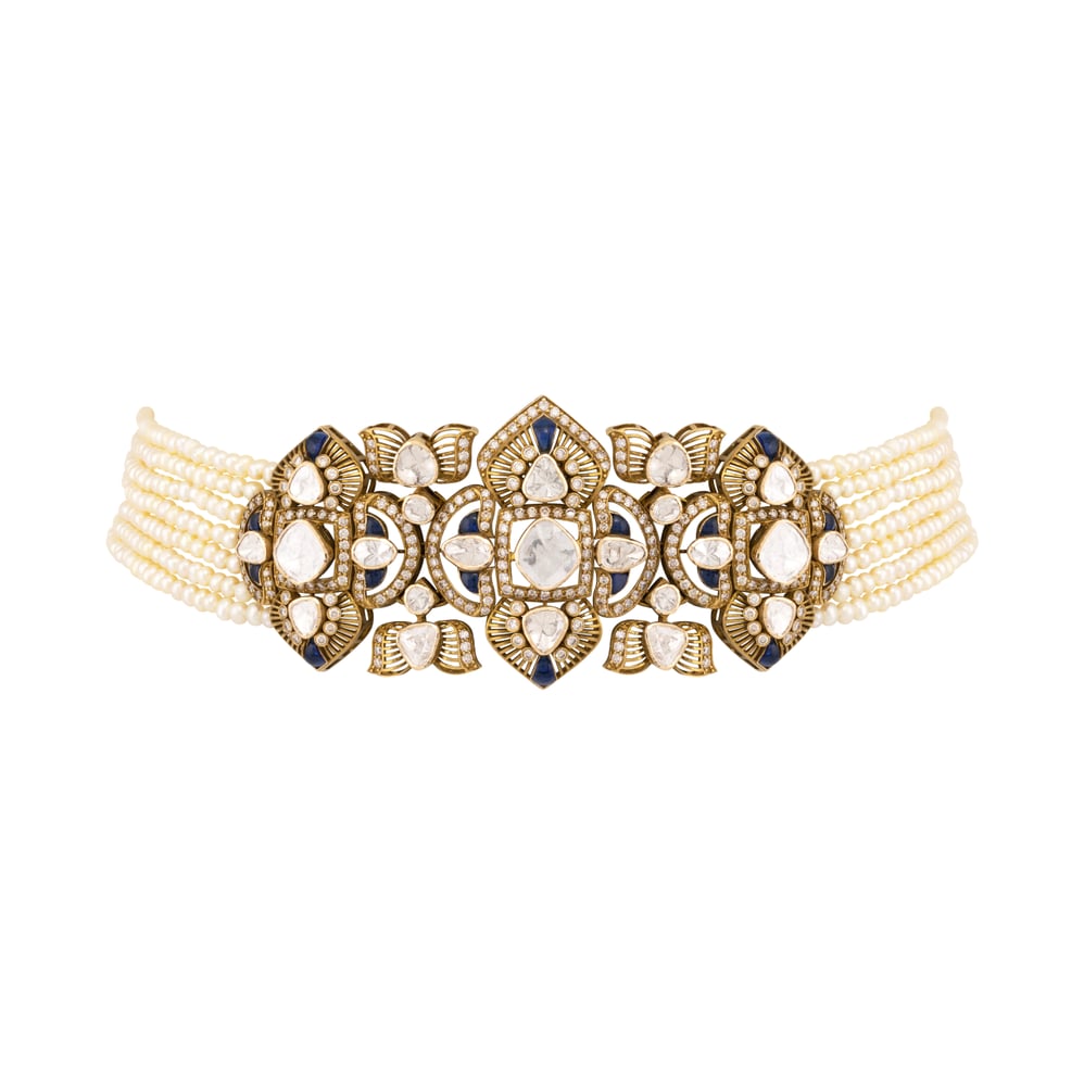 Antique Finish Choker with Blue Detail and Cheed Pearls