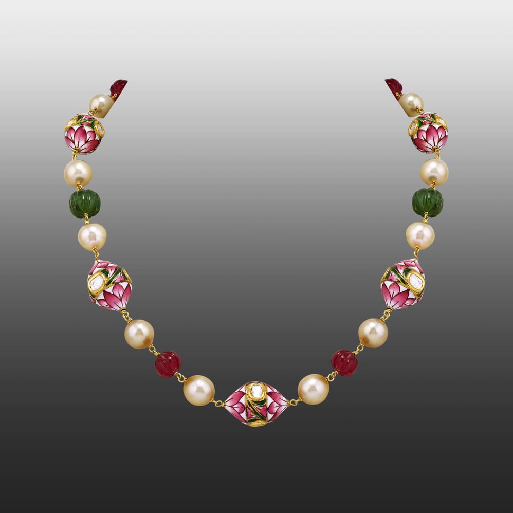Lotus Enamel Necklace with Polki, Pearls and Carved Beads