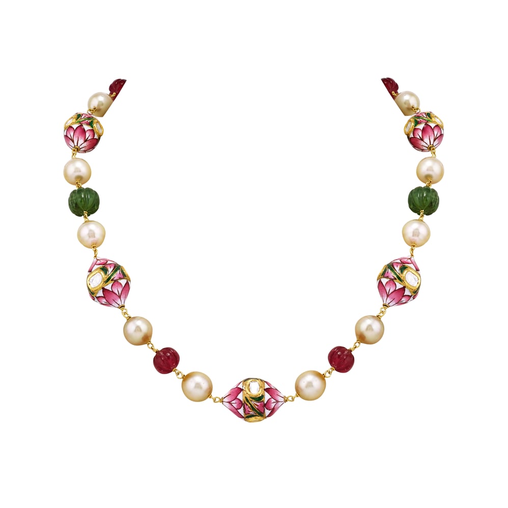 Lotus Enamel Necklace with Polki, Pearls and Carved Beads