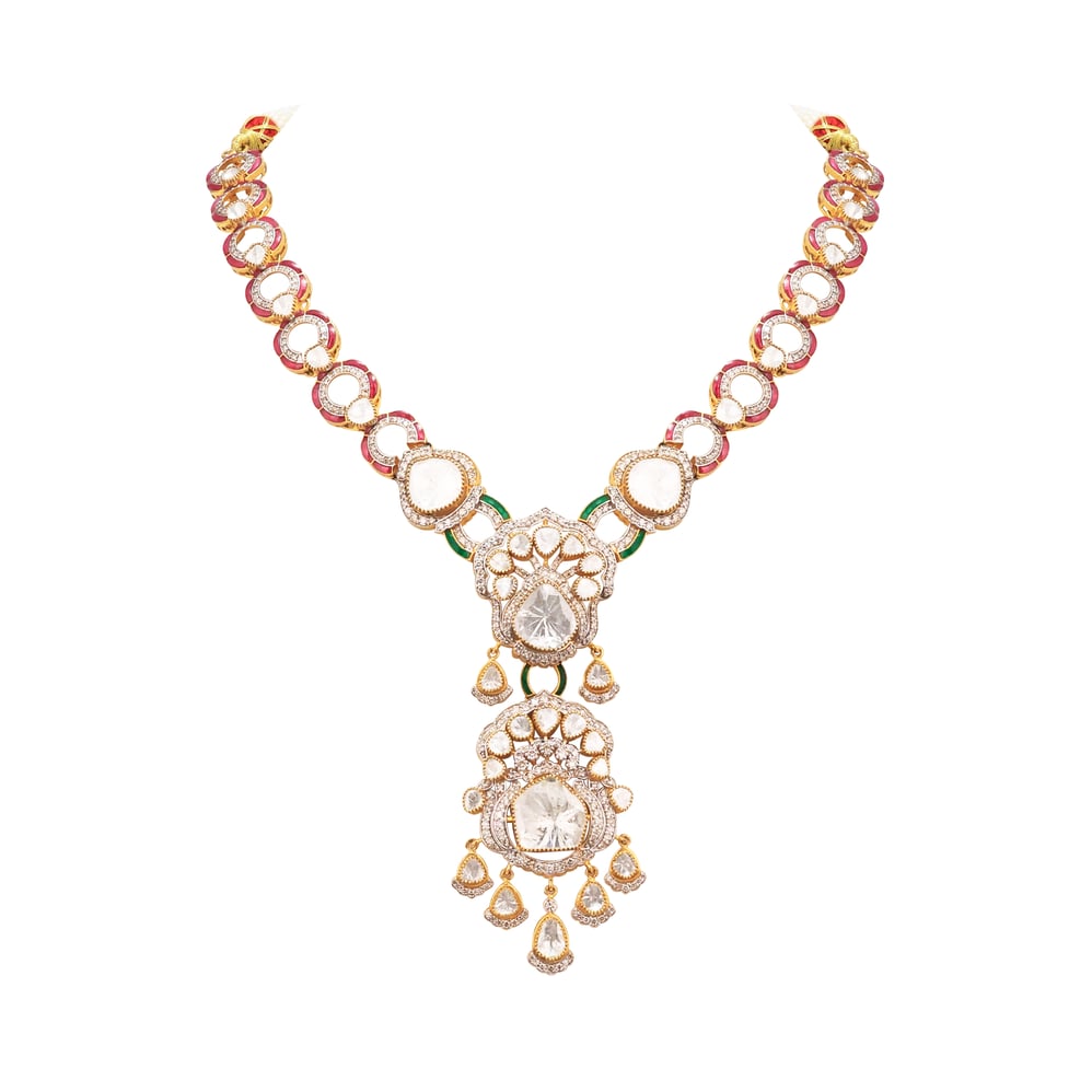Double Polki Pendant Necklace with Ruby-Emerald Talaf