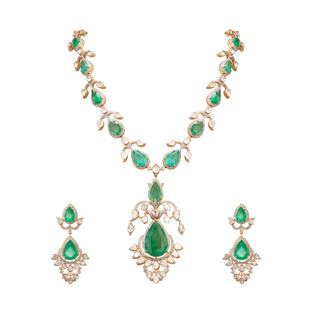 Pear Emerald Necklace Set with Diamond and Polki Detailing