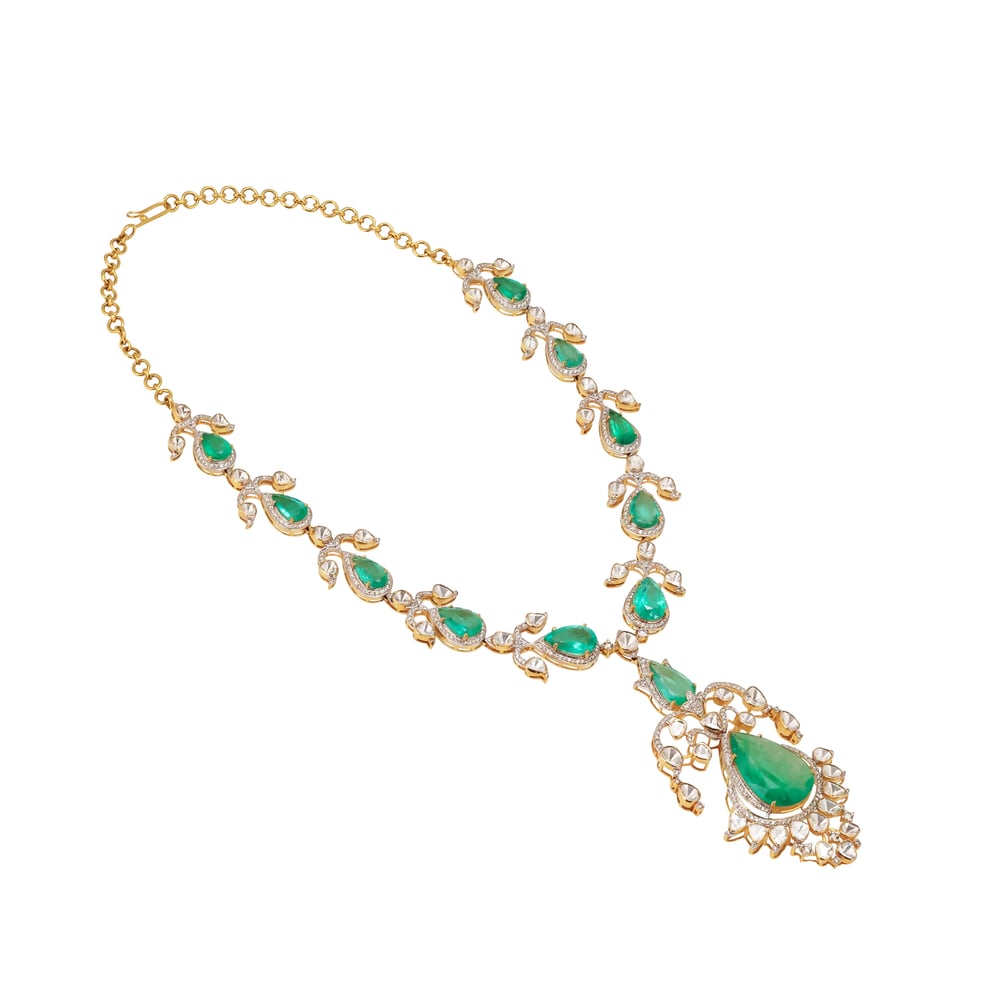 Pear Emerald Necklace Set with Diamond and Polki Detailing