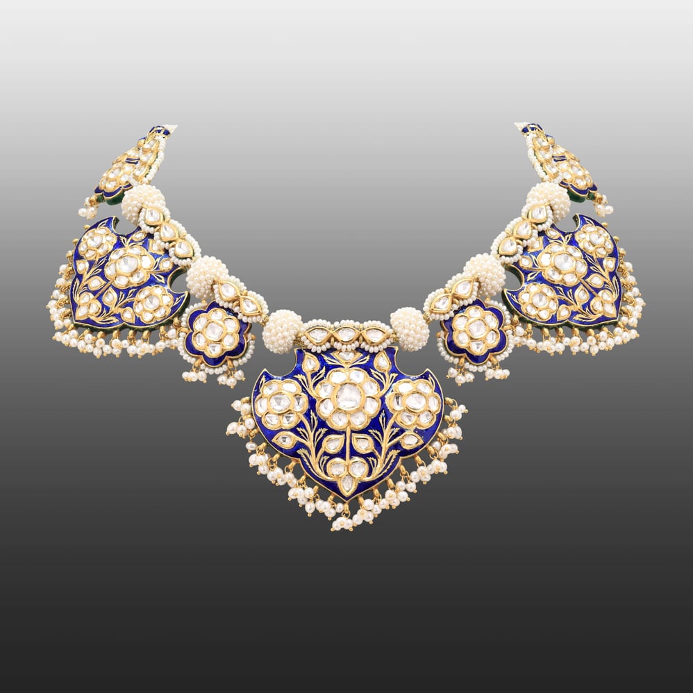 Blue Enamel Pankhi set with Pearl Detailing
