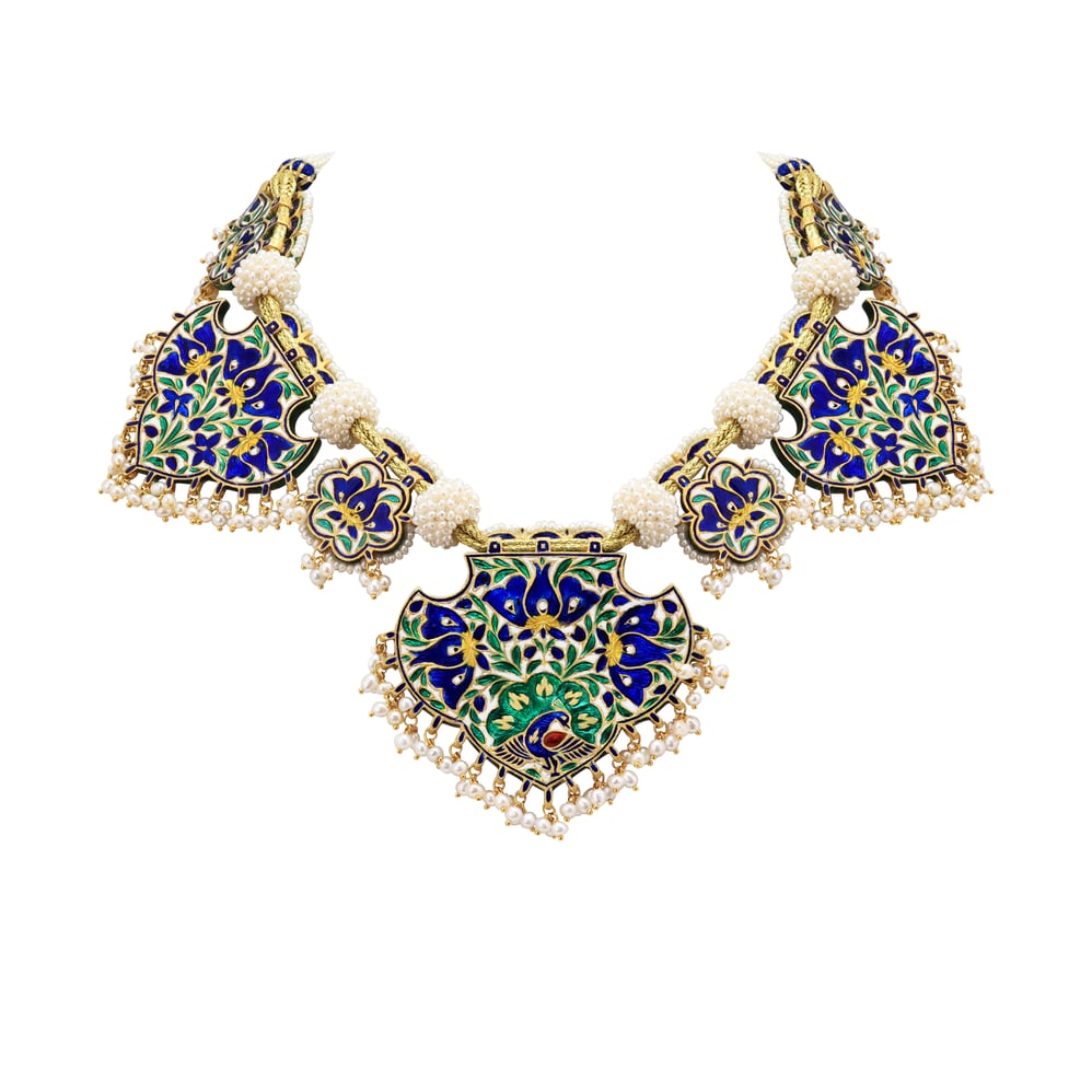 Blue Enamel Pankhi set with Pearl Detailing