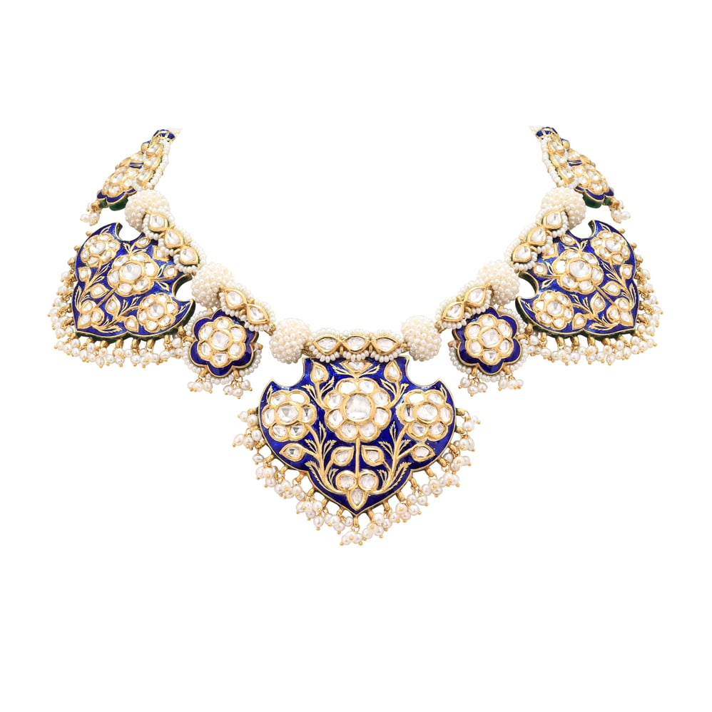 Blue Enamel Pankhi set with Pearl Detailing